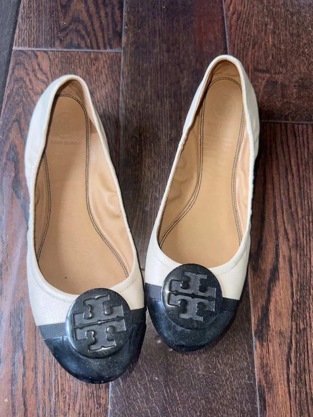 Tory Burch Cream and Black Leather Ballet Flats